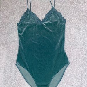 Aqua blue bodysuit shirt with lace at the top